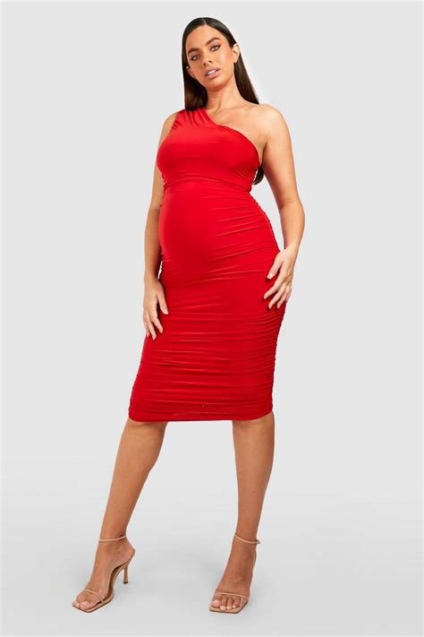 Maternity Slinky One Shoulder Ruched Midaxi Dress Boohoo Uk