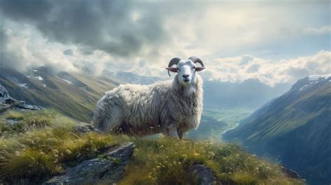 Premium Ai Image A Sheep Standing On Top Of A Lush Green Hillside