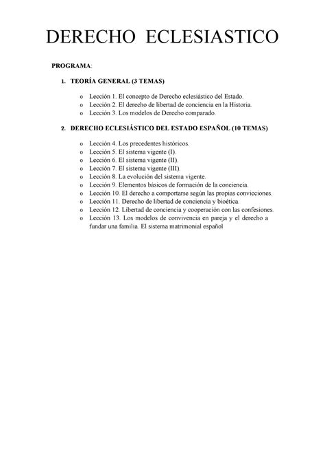 Derecho Eclesiastico Derecho Eclesiastico Programa Teor A General