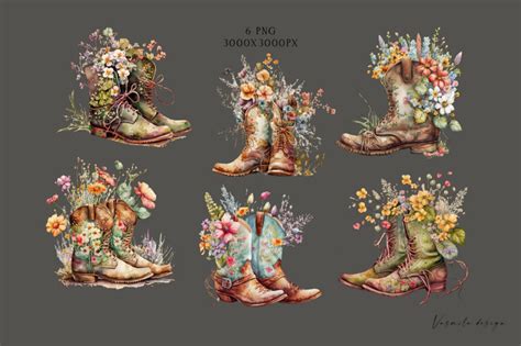 Watercolor Cowgirl Boots And Flowers By Vasmila Design Thehungryjpeg