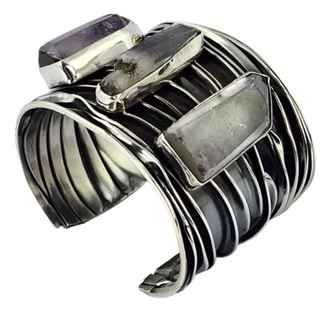 Brazalete Corrugado De Plata 925 Con Amatistas