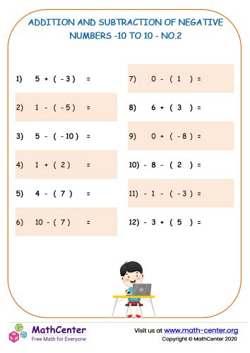 Addition And Subtraction Of Negative Numbers 10 To 10 No 2 Worksheets Math Center