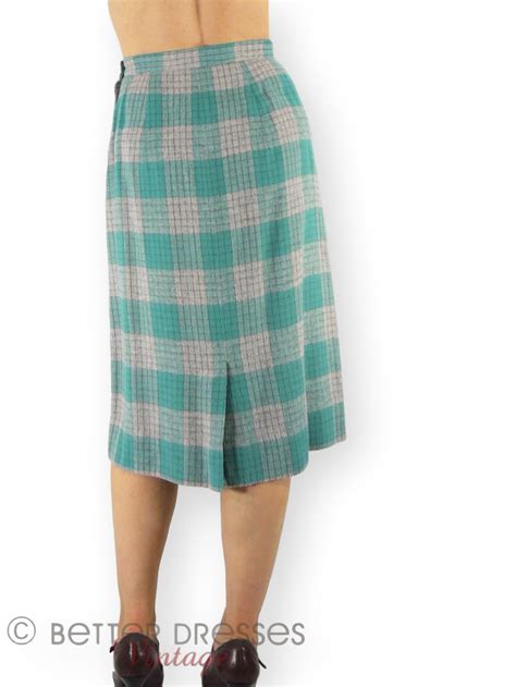 Vintage 40s 50s Aqua Blue And Gray Plaid Cotton Flannel Slim Skirt Sm