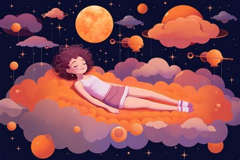 Premium Vector Young Sleeping Girl Laying In Clouds