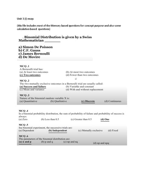 Unit 3 Set 1 Mcqs Mth302 Mth Mcq Probability And Statistics Unit