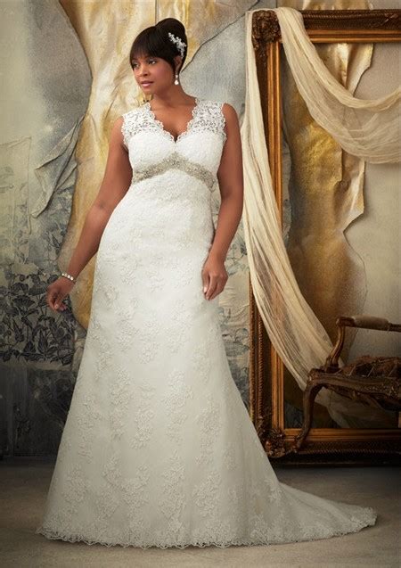 A Line V Neck Empire Waist Open Keyhole Back Plus Size Lace Wedding Dress