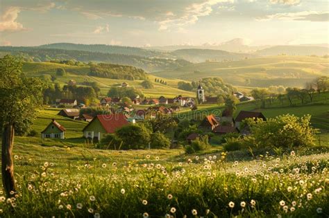 Pueblo Encantador En Las Verdes Colinas Al Atardecer Un Paisaje Rural