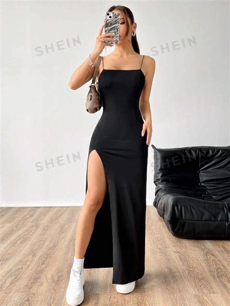 Shein Ezwear Womens Solid Color High Slit Spaghetti Strap Dress Shein Uk