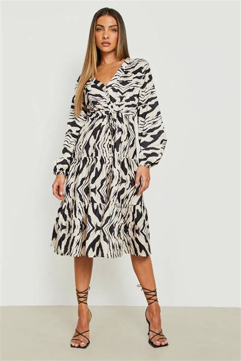 Zebra Wrap Long Sleeve Midi Dress Boohoo Uk