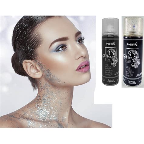 Spray Glitter Popper para Cabelo Corpo Removível Prata Dourado Festa