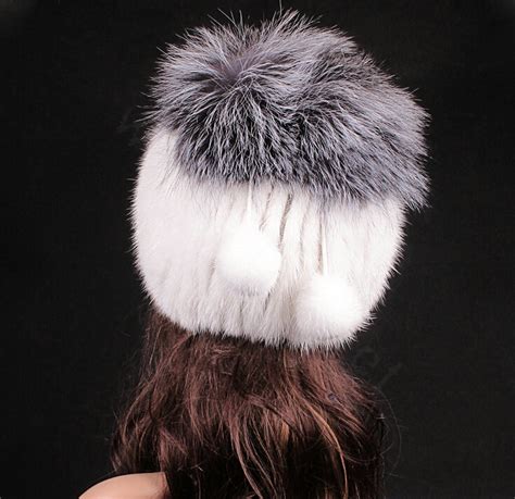 Buy Wholesale Winter Genuine Cross Mink Fur Caps With Fox Fur Pom Poms