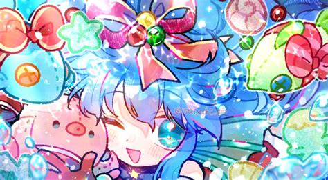 Safebooru 1girl Blue Eyes Blue Hair Blush Bubble Doradorakingyo Fins Gloves Hair Bobbles Hair