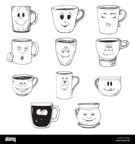 hand drawn  set  cups   cartoon style vector illustration
