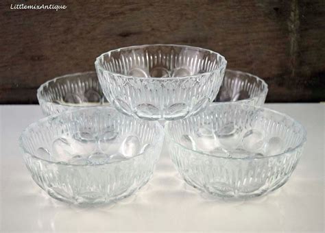 Set Of 5 Vintage French Clear Glass Retro Pressed Heavy Glass Small Dessert Bowls By