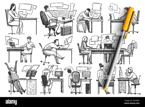 People In Office Doodle Set Collection Of Hand Drawn Businessmen Women