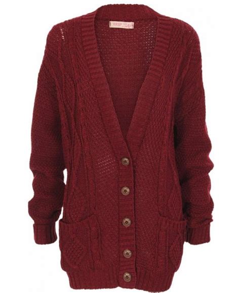 Krisp Chunky Cable Knit Button Down Wine Cardigan Knitwear From Krisp