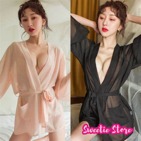 Sweetie Store READY STOCK Women Lingerie Transparent Kimono Set Nightdress Black