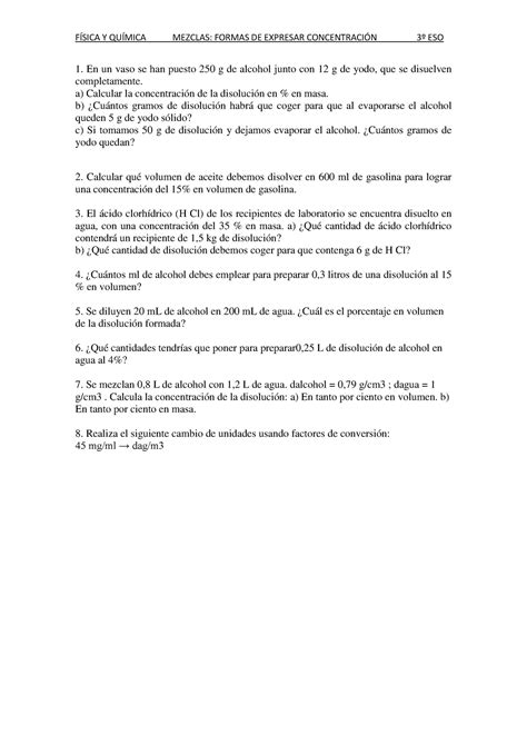 Ejercicios Disoluciones F Sica Y Qu Mica Mezclas Formas De Expresar