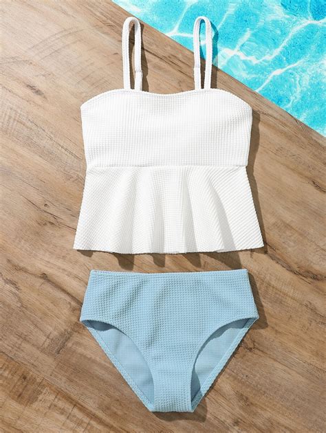 Tween Girl Color Block Ruffle Hem Tankini Summer Beach Shein Usa