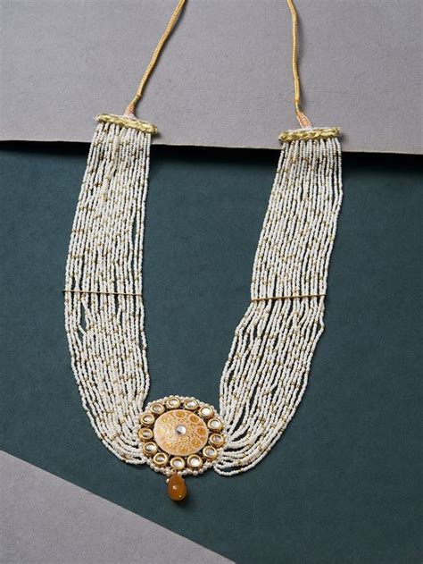 Buy Gold Toned White Handcrafted Metal Layered Necklace Dgnl