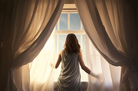 Premium Ai Image Woman Wakeup And Opening Curtains In Hotel Room At Sunrise Good Morning