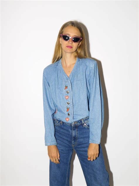 VINTAGE Jeans Shirt From 1980s Austrian Folk Jeans Shirt With Red ...