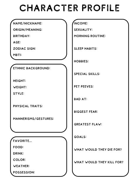 Blank Minimalist Character Profile Template Digital Download Only