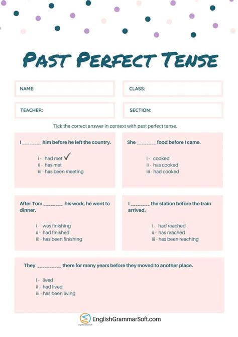 Past Perfect Tense Worksheet With Answers Pdf