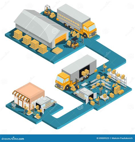 Distribution Goods From A Warehouse To A Store Stock Vector