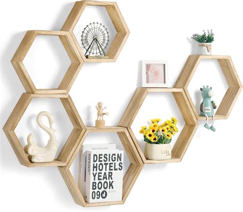 Lot de 6 étagères murales hexagonales flottantes en bois de style