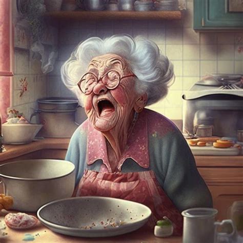 Old Lady Cartoon Making A Mess In The Kitchen