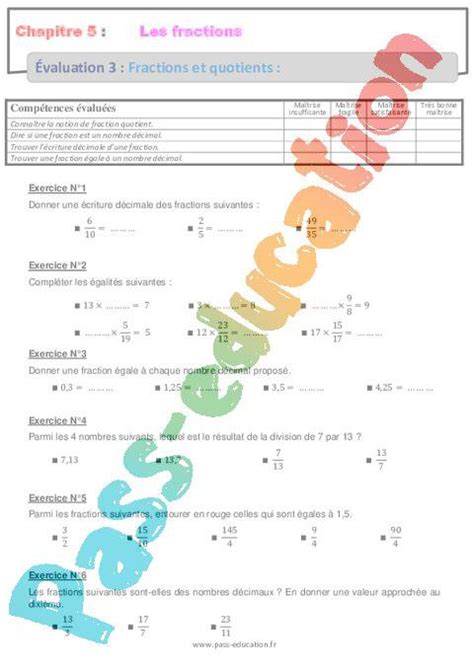 Fractions Et Quotients Me Evaluation Bilan Contr Le Avec La