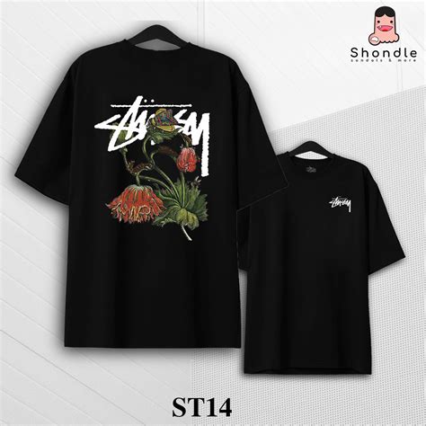 Áo Thun Stussy Withered Flowers Tay Lỡ Form Rộng Unisex Cotton 2 Chiều