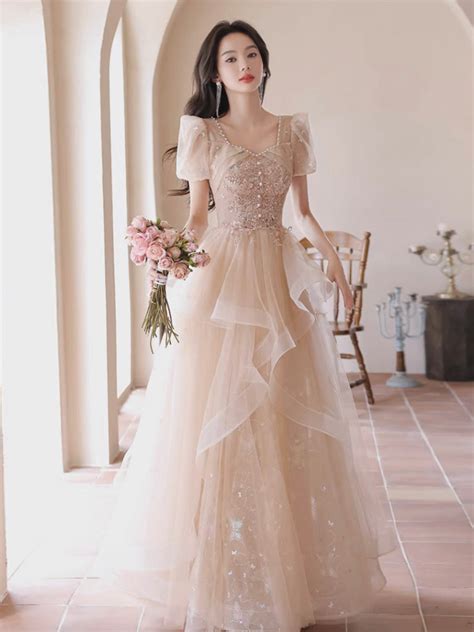 A Line Champagne Tulle Sequin Long Prom Dress Champagne Formal Dress