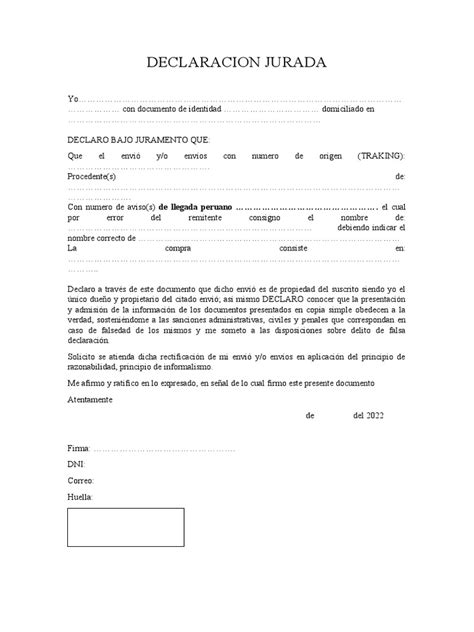 Declaracion Jurada Envio Aduana Pdf