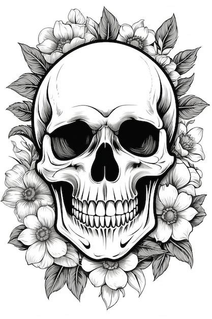 Premium Photo Human Skull In A Flower Frame Woodcut Style Vector