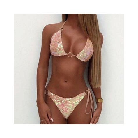 HOT Women Shiny Rhinestone Sexy Bikini Set Swimsuit Lady O Ring Push Up Padded Bra Sequin