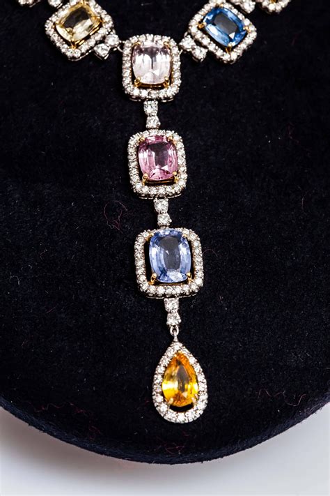 Beautiful Multi Color Sapphire And Diamonds Necklace For Sale At