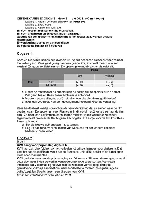 Oefentoets Economie Havo Module H En Module En Oefenexamen