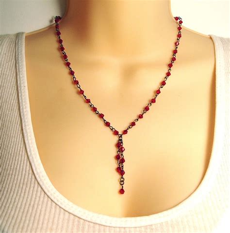 Sexy Red Beaded Necklace Ruby Red Crystals Choker Lariat Etsy