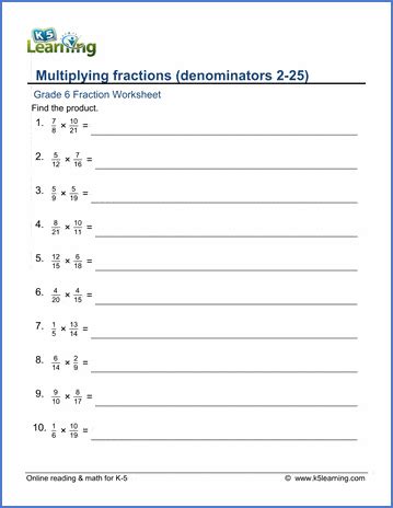 Grade 6 Math Worksheets: Multiplying fractions (denominators 2-25) | K5 ...