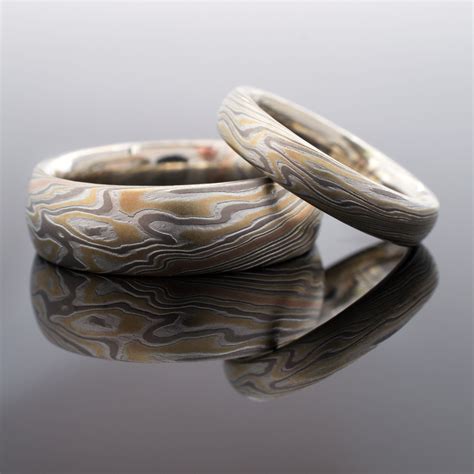 Mokume Gane Ring Matched Wedding Bands In Twist Pattern And Flare