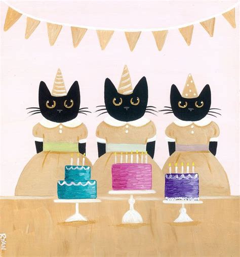 Black Cats And Cakes Original Cat Folk Art Painting Black Cat