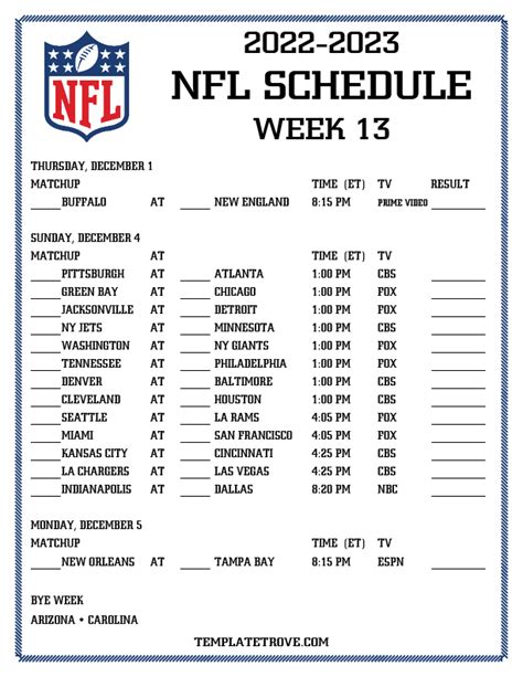 Printable 2022-2023 NFL Schedule Week 13