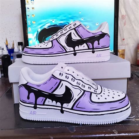 Nike Custom Air Force Lilac Cartoon Shoes Black Drip Purple Mens