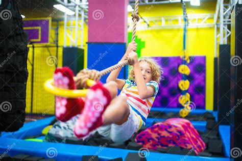 child jumping  trampoline park bounce fun stock photo image