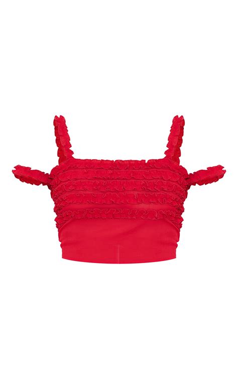 Red Chiffon Ruffle Detailing Square Neck Crop Top Co Ords