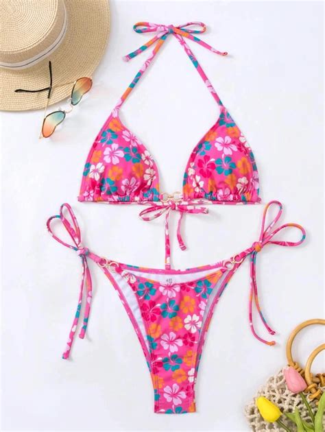 Shein Swim Mod Summer Beach Floral Print Halter Triangle Bikini