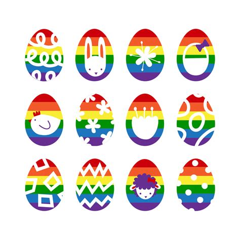 Rainbow Easter Eggs Set With Decoration And Ornament Gay Springtime Holiday Symbols Bright