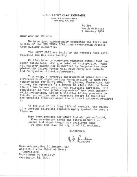 Rickover Letters To RADM Roy S Benson USS Hyman G Rickover